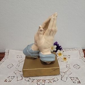 Vtg Atlantic Mold 10" Ceramic Praying Hands Religious Sculpture MCM Gold Base